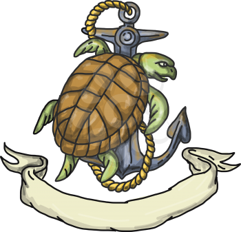 Drawing sketch style illustration of a Kemp's ridley sea turtle or Lepidochelys kempii climbing on boat anchor with rope viewed from rear set on isolated white background with ribbon. 
