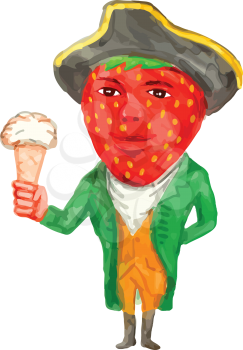 Watercolor style illustration of a victorian gentleman with strawberry head wearing tricorn hat holding ice cream facing front set on isolated white background. 
