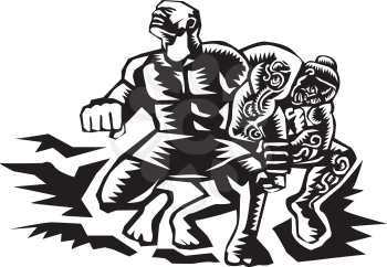 Illustration of Samoan legendTiitii wrestling the God of Earthquake and breaking his arm done in retro woodcut style.