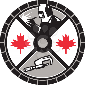 Illustration of a welder welding, caliper and Canada maple leaf set inside circle done in retro style. 
