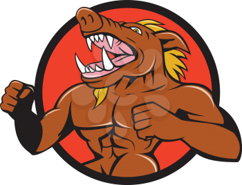 Illustration of an angry wild boar with a man's body roaring pumping chest looking to the side set inside circle done in cartoon style. 