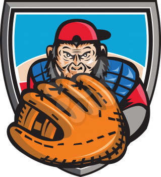 Illustration of chimpanzee baseball player catcher with glove in front set on isolated white background done in retro style. 