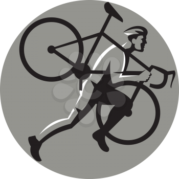 Illustration of a cyclocross athlete running carrying bicycle on shoulder viewed from the side set inside circle on isolated background done in retro style. 