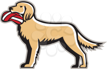 Illustration of an english setter dog standing holding biting deflated volleyball viewed from the side set on isolated white background done in retro style. 