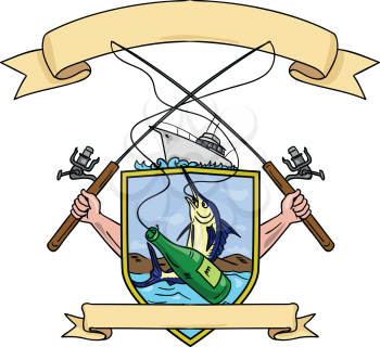 Drawing sketch style illustration of hand holding fishing rod and reel hooking a beer bottle and blue marlin fish with deep sea fishing boat on side set inside crest shield shape coat of arms done in 