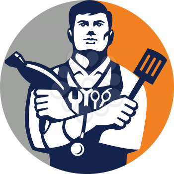 Illustration of a jack of all trades holding a blow dryer and spatula, with stethoscope on neck and spanner and barber scissors in apron facing front set inside circle on isolated background done in r