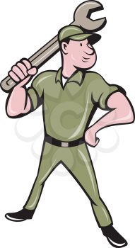 Illustration of a mechanic standing wielding holding spanner wrench looking to the side viewed from front set on isolated white background done in cartoon style. 
