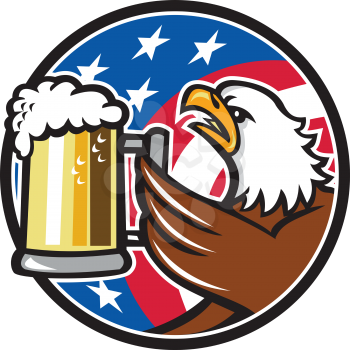 Illustration of an american bald eagle hoisting mug glass of beer stein viewed from the side with usa american stars and stripes flag in the background set inside circle done in retro style. 