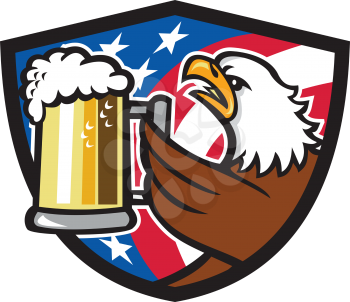 Illustration of an american bald eagle hoisting mug glass of beer stein viewed from the side with usa american stars and stripes flag in the background set inside shield crest done in retro style. 