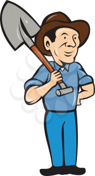 Illustration of an organic farmer standing with one hand on hips holding shovel on shoulder looking to the side viewed from front set on isolated white background done in cartoon style. 