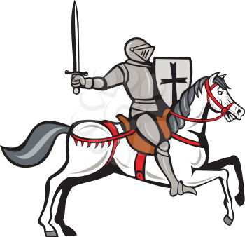 Cartoon style illustration of a knight wearing armor riding on his steed horse holding shield and wielding sword viewed from the side set on isolated white background. 