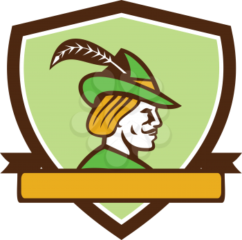 Illustration of a Robin Hood wearing medieval hat with a pointed brim and feather viewed from side set inside shield crest with ribbonon isolated background done in retro style. 
