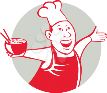 Illustration of an asian chef dancing holding serving a bowl of noodle viewed from front set inside circle on isolated background done in cartoon style. 