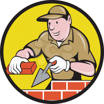 Illustration of a bricklayer mason plasterer construction worker at work holding brick and trowel set inside circle done in cartoon style. 
