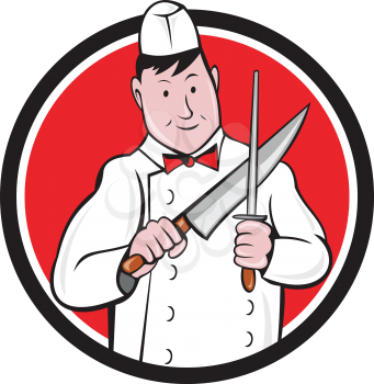 Illustration of a butcher cutter worker sharpening knife viewed from front set inside circle on isolated background done in cartoon style.