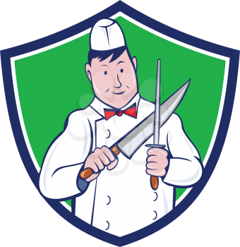 Illustration of a butcher cutter worker sharpening knife viewed from front set inside shield crest on isolated background done in cartoon style.
