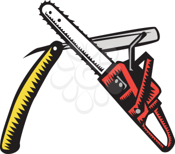 Illustration of a chainsaw crossed with a straight razor set on isolated white background done in retro woodcut style. 