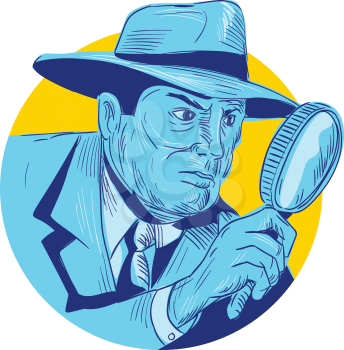 Drawing sketch style illustration of a detective policeman police officer holding magnifying glass set inside circle on isolated background. 