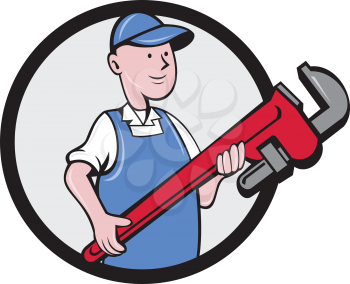 Illustration of a mechanic cradling holding giant pipe wrench looking to the side viewed from front set inside circle on isolated background done in cartoon style. 