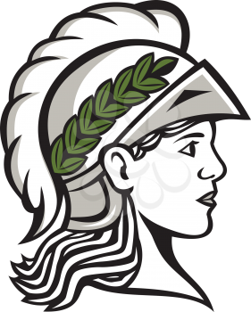 Illustration of Minerva or Menrva, the Roman goddess of wisdom and sponsor of arts, trade, and strategy wearing helment and laurel crown head viewed from side set on isolated white background. 