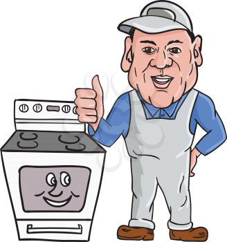 Illustration of an oven cleaner technician wearing hat and overalls thumbs up facing front with oven on the side set on isolated white background done in cartoon style. 