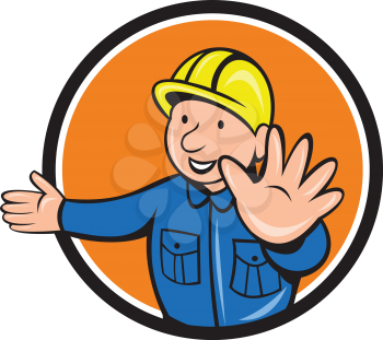 Illustration of a builder construction worker wearing hardhat doing hand stop signal viewed from front set inside circle on isolated background done in cartoon style. 