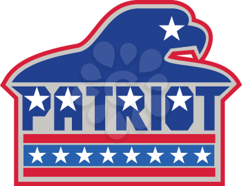 Illustration of an american bald eagle viewed from the side with the word Patriot and usa american flag stars and stripes done in retro style. 