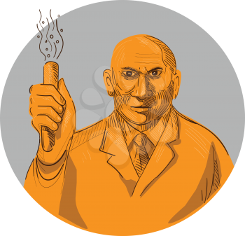 Drawing sketch style illustration of a crazy scientist holding test tube viewed from the front set inside circle on isolated background. 