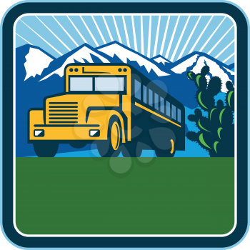 Illlustration of a school bus viewed from front with cactus, mountains and sunburst in the background set inside square shape done in retro style.