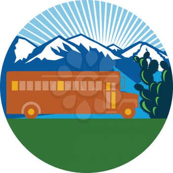 Illlustration of a vintage school bus viewed from the side with cactus, mountains and sunburst in the background set inside square shape done in retro style.