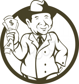 Illustration of a businessman wearing fedora hat clutching bank notes in one hand and the the other hand on hips viewed from the front set inside circle done in cartoon style. 