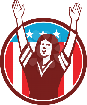 Illustration of a female american football fan with hands raised up viewed from front set inside circle with american usa stars and stripes flag in the background done in retro style. 
