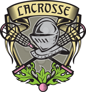 Illustration of a knight armor helmet with crossed lacrosse stick set inside shield crest with word text Lacrosse on top done in retro woodcut style. 

