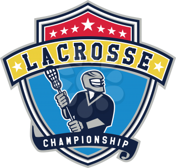 Illustration of a lacrosse player holding a crosse or lacrosse stick looking to the side viewed from front set inside shield crest with ribbon with the words text Lacrosse Championship. 
