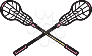 Illustration of a crossed lacrosse stick set on isolated white background done in retro woodcut style. 

