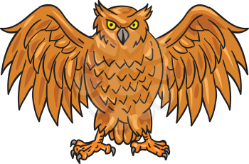 Drawing sketch style illustration of an angry owl facing front with spread wings set on isolated white background. 