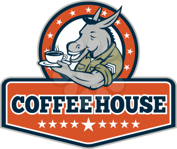 Illustration of a donkey army sergeant smiling holding cup and saucer drinking coffee viewed from the side set inside circle with stars and the word text Coffee House inside shield crest done in carto