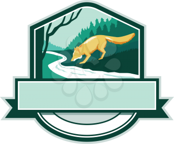 Illustration of a fox drinking from river creek set inside shield crest with woods trees forest in the background done in retro woodcut style. 