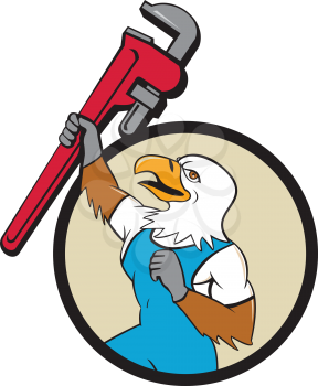 Illustration of a american bald eagle plumber raising up giant pipe wrench adjustable wrench over head looking up viewed from the side set inside circle on isolated background done in cartoon style. 
