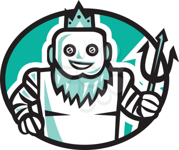 Illustration of a robotic poseidon holding trident facing front set inside oval shape on isolated background done in retro style. 