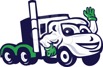Illustration of a semi truck rig waving set on isolated white background done in cartoon style. 