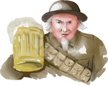 Watercolor style illustration of Uncle Sam as soldier wearing World War one 1 uniform toasting a mug of beer viewed from front on isolated white background.