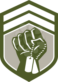 Illustration of a clenched fist clutching holding dogtag viewed from front set inside shield crest done in retro style. 