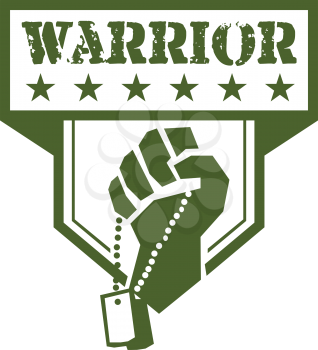 Illustration of a hand of a soldier clutching holding dogtag viewed from front set inside shield crest with stars and the word text Warrior done in retro style. 