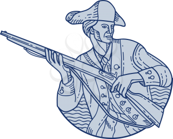 Mono line style illustration of an american patriot minuteman holding rifle looking to the side viewed from front set on isolated white background. 