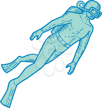 Mono line style illustration of a scuba diver diving swimming viewed from the side set on isolated white background. 