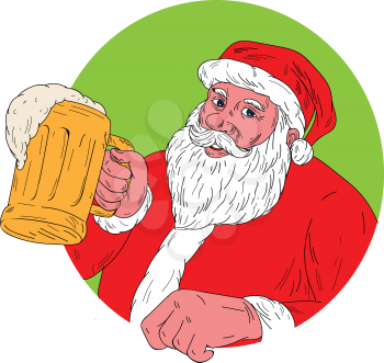Drawing sketch style illustration of Santa Claus smiling facing front holding mug drinking beer set inside circle on isolated background. 
