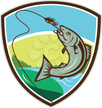 Illustration of trout biting hook lure viewed from the side set inside shield crest with river, trees and sun in the background done in retro style. 