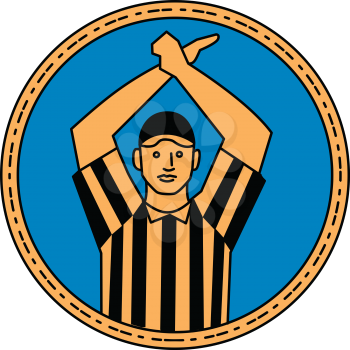 Mono line style illustration of an american football umpire doing a personal foul hand signal viewed from front set inside circle on isolated background. 
