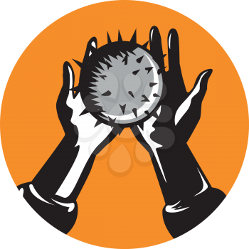 Illustration of pair of hands holding a round shiny ball with numerous spikes set inside circle on isolated background done in retro woodcut style. 